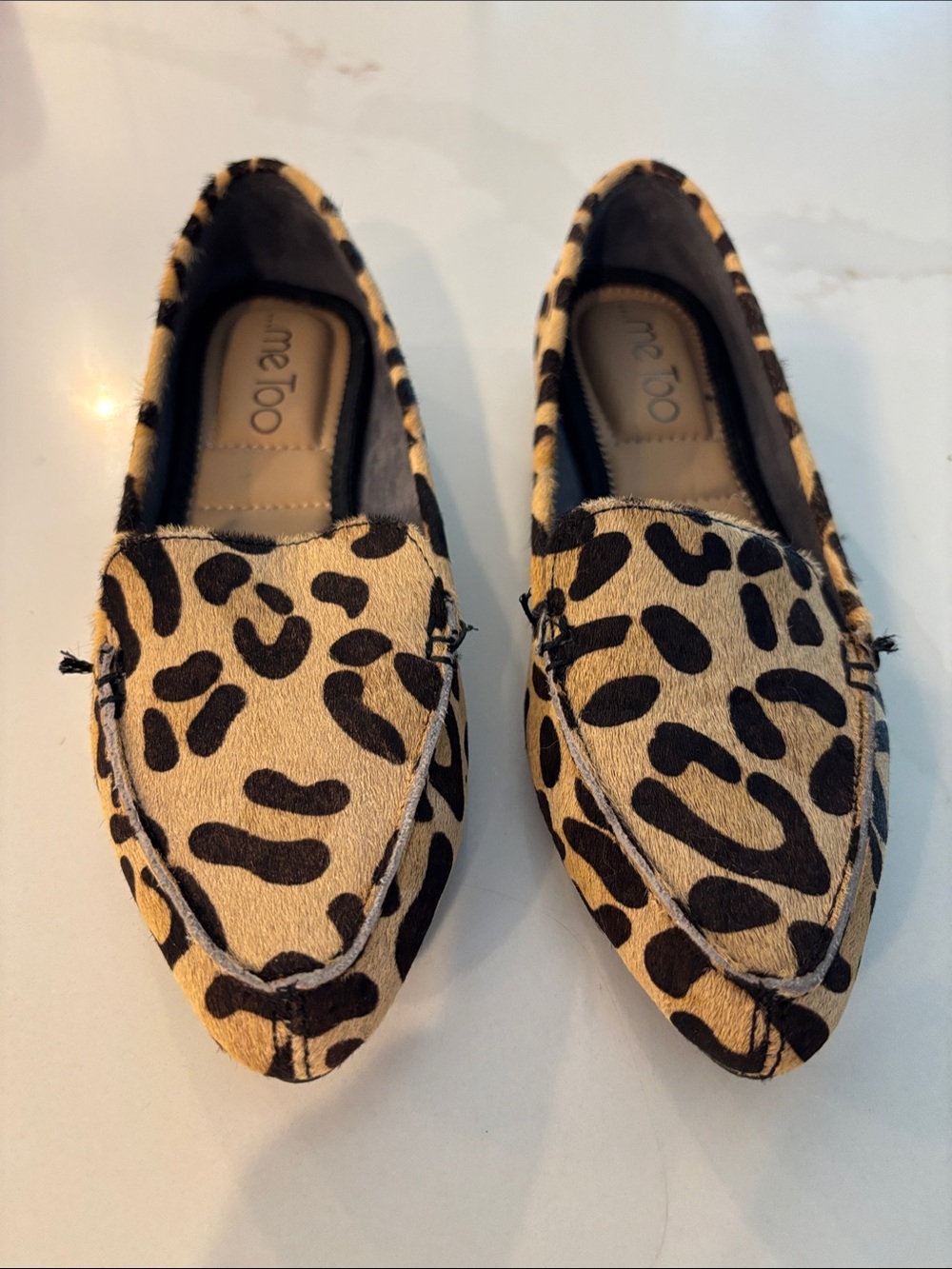 me too Leopard Print Pointed Loafers in Tan and Black